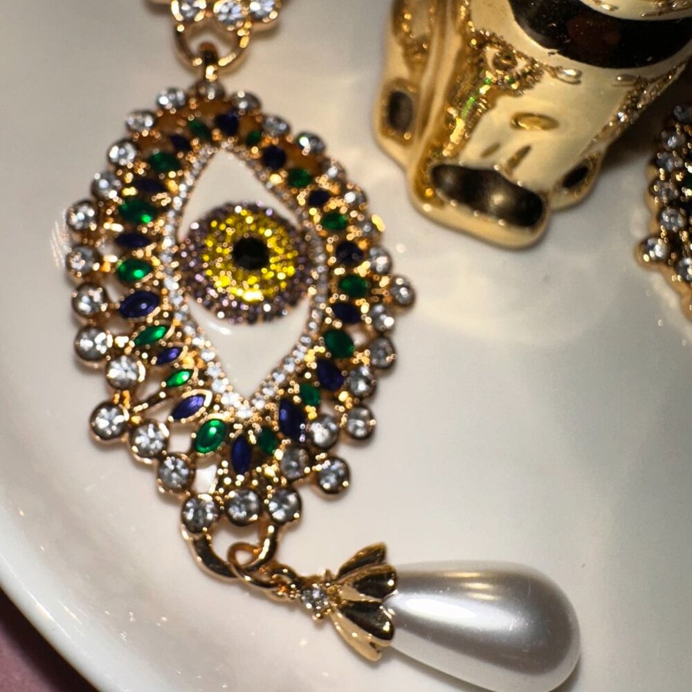Ornate Evil Eye Gold Tone Statement Earrings with Crystal - Picture 4 of 8